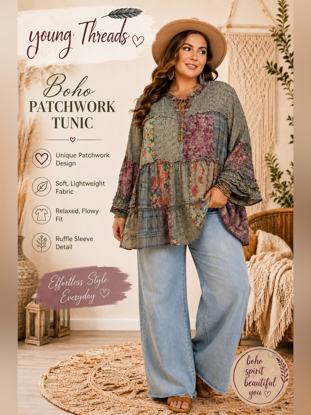 Young Threads Olive Patchwork Ruffle Tunic